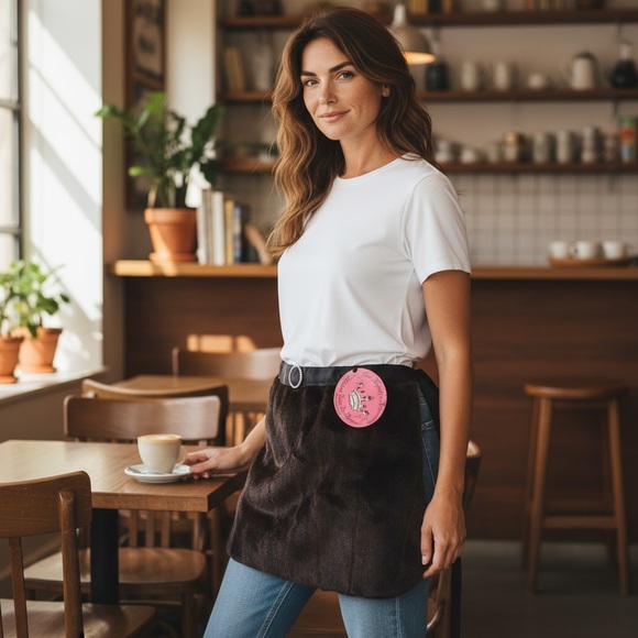 HOLIDAY APRON Faux Mink Fur Diamond rhinestone Buckle Diva Hostess Halloween - Picture 1 of 9